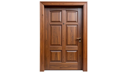 The image shows a classic, six-paneled, solid wood door in a rich brown finish against a white isolated on transparent background