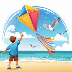 Young boy flying a colorful kite on a sunny beach, surrounded by seagulls soaring in the blue sky, capturing the essence of summer vacation adventures and joyful moments