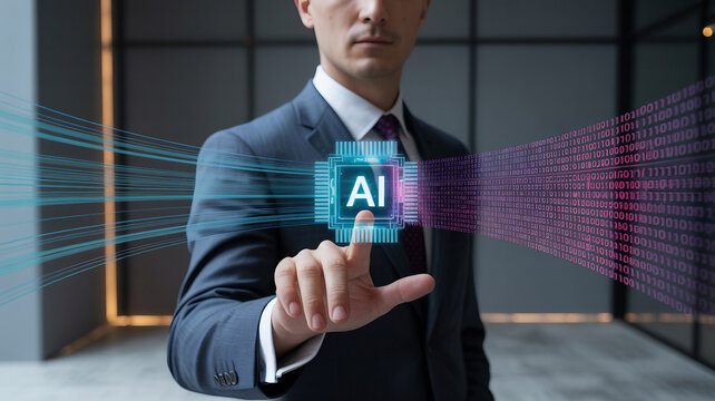 Ai technology businessman touching artificial intelligence hologram interface - Powered by Adobe