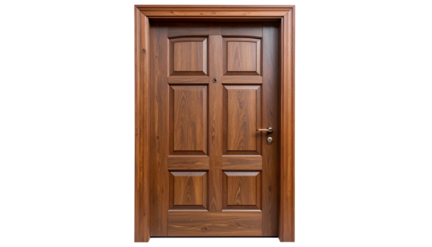 The image shows a classic, six-paneled, solid wood door in a rich brown finish against a white isolated on transparent background