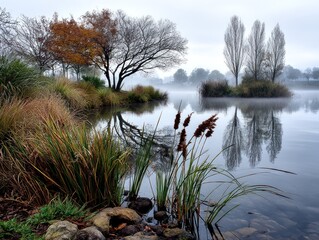 Misty autumn lake scene