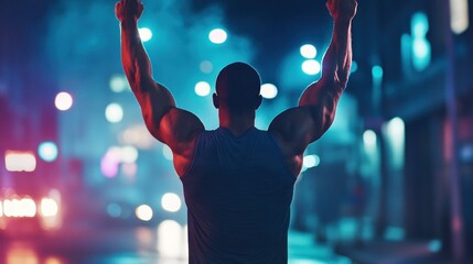 Silhouette of muscular man raising arms in triumph against city lights
