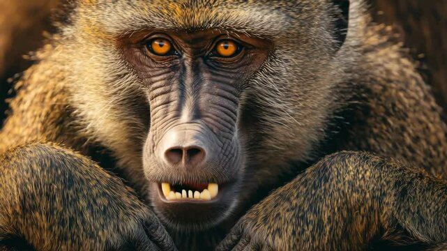 Breathtaking close-up of a baboon in a natural habitat during golden hour in the savannah