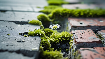 A tiny white flower blooms between mossy brick and stone, showcasing resilience and nature's beauty on a textured ground.