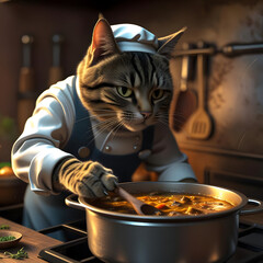 A cute kitten with a white apron cooks in a pan in the kitchen. 