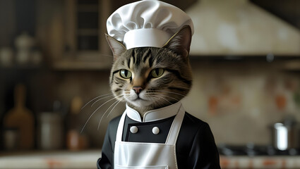 Cute young domestic tabby kitten chef in a kitchen looking with beautiful eyes