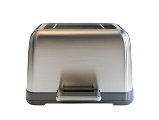 A two slice toaster brushed metal body with crumb on white background 