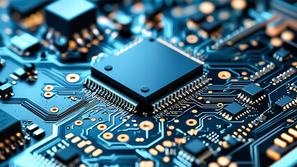 An intricate computer motherboard showcasing advanced technology and detailed circuit patterns with metallic gold accents, set against a bluish backdrop.