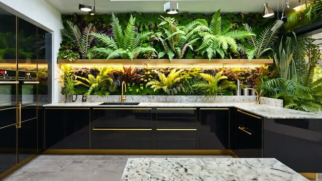Modern kitchen featuring sleek black cabinets, a marble countertop, and lush greenery backdrop