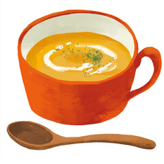 Hand-painted pumpkin soup illustration in a warm orange cup (transparent)