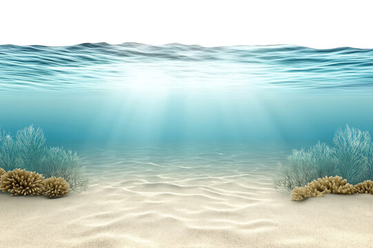 Underwater view showing crystal clear turquoise water with sandy ocean floor and marine vegetation, isolated on transparent background