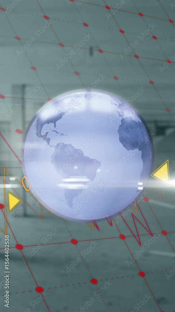 Poster animation of data, graphs with grids moving on rotating globe against building interior