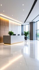 Modern Office Lobby Interior Featuring Concrete Reception Desk Plants and Bright Natural Lighting