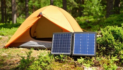 Orange Camping Tent And Solar Panel Displayed Outdoors In Lush Green Forest Environment