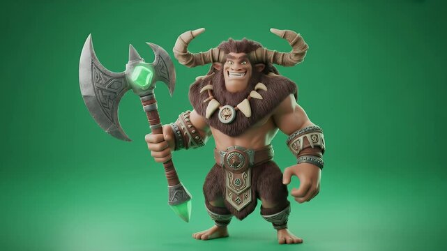 Heroic Minotaur Holding a Glowing Axe Isolated on Green Screen in Full Shot For Fantasy Game And Animation