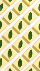 Overhead View of Arranged Yellow Squares with Green Leaves on a White Background