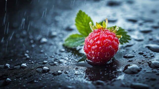 Single ripe raspberry with leaves on dark wet surface, rain drops.