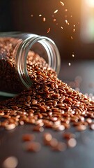 Overturned Glass Jar Spilling Brown Flaxseeds Onto Dark Surface in Warm Lighting