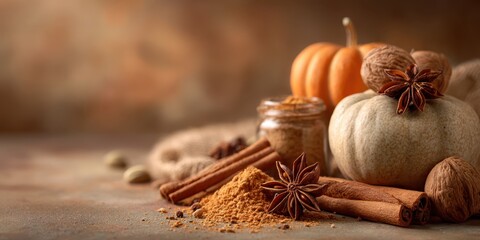 Autumn harvest display of pumpkins, spices, and nuts