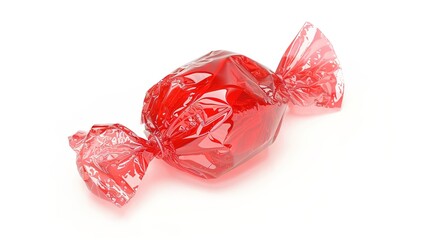 A wrapped red candy stands alone on a pure white background, presenting a simple yet eye - catching sweet - related scene that showcases the bright color and unique shape of the wrapped red candy.