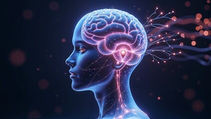 Futuristic Neural Interface &ndash; Human Brain Connected to Glowing Digital Network