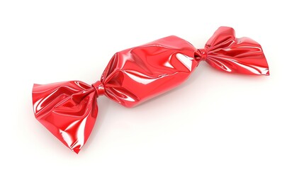 A wrapped red candy stands alone on a pure white background, presenting a simple yet eye - catching sweet - related scene that showcases the bright color and unique shape of the wrapped red candy.