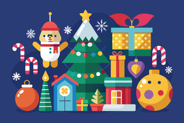 A charming vector illustration set for your Christmas and New Year's celebrations, featuring festive Santa, snowman, and tree icons with cute winter decorations and gifts