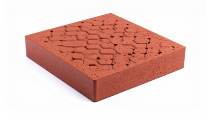 Red Square Brick With Textured Surface on White Background Displaying Geometric Pattern Details and Construction Material
