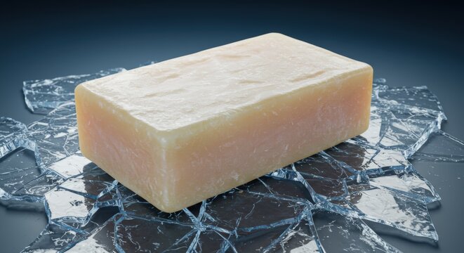 A Rectangular Block of Cheese Resting on Shattered Glass Surface