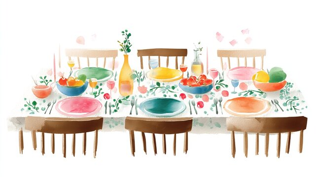 An inviting watercolor dining table set for a joyous gathering hinting at celebration and shared meals with soft
