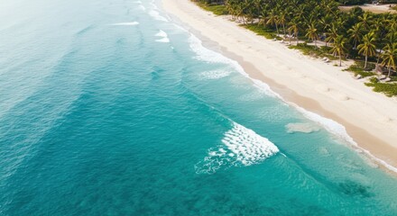 Aerial view of a serene tropical beach with gentle waves and palm trees under a clear sky
