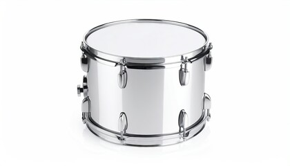 Silver Drum With White Drumhead Isolated On White Background Studio Shot Showing Shiny Metallic Finish