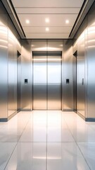 Sleek Elevator Interior with Metallic Surfaces and Bright Overhead Lighting