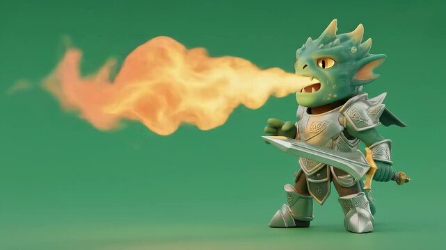 Lizardfolk Warrior Unleashing Fiery Breath Attack with Sword and Armor Isolated on Green Screen in 3D Render