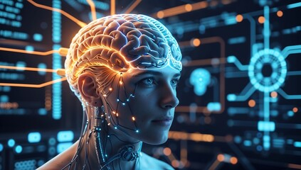 Fototapeta premium Futuristic Neural Interface – Human Brain Connected to Glowing Digital Network