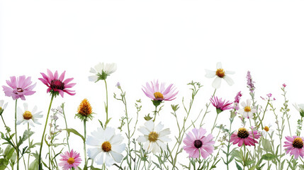 Watercolor botanical illustration of various flowers in pink, white, and purple hues, showcasing delicate petals and greenery