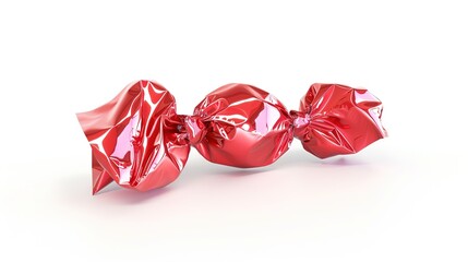 A wrapped red candy stands alone on a pure white background, presenting a simple yet eye - catching sweet - related scene that showcases the bright color and unique shape of the wrapped red candy.
