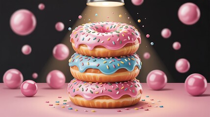 Stacked donuts with pink and blue frosting and sprinkles image