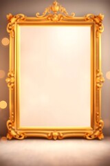 Decorative golden frame with intricate baroque details and blurred lights