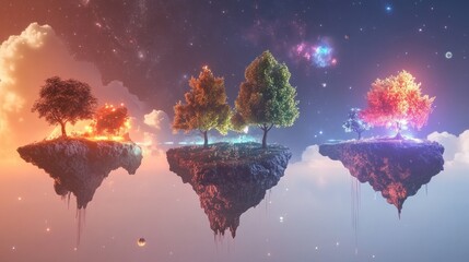Fototapeta premium Floating Islands with Glowing Trees in a Dreamlike Landscape, Evoking Fantasy