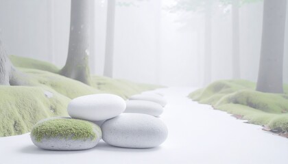 White Stones And Green Moss On A Forest Path In A Misty Forest Scene
