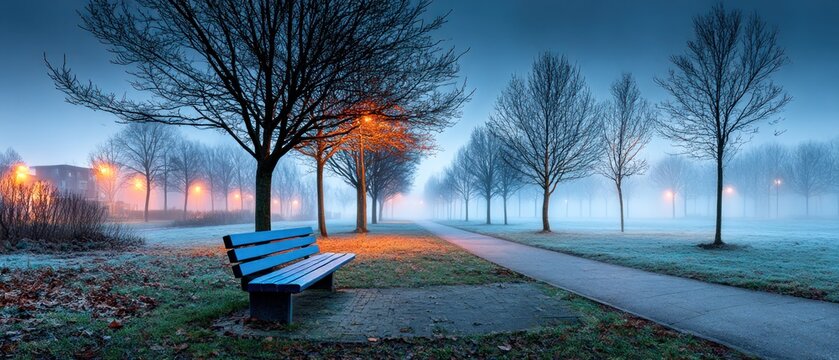 Misty park path at dawn