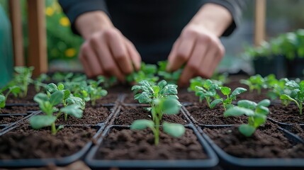 Home gardening organic farming, vegetables herbs grown near porch, hands planting seedlings, peaceful DIY approach to food in countryside lifestyle