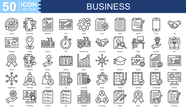 business icon collection set. Containing process, Social Media, Reporting, Data, expert icon.