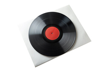 Black Vinyl Record Sliding Out of White Sleeve isolated on Transparent Background