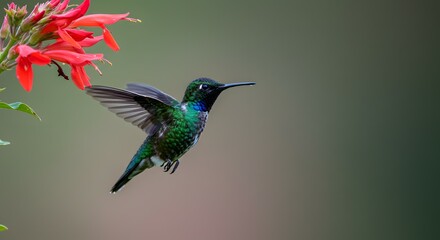 Obraz premium Vibrant Hummingbird in Flight Near Red Flower A Stunning Nature Photography