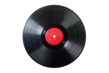 Black Vinyl Record with Red Label isolated on Transparent Background
