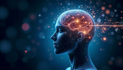 Obraz premium Futuristic Neural Interface – Human Brain Connected to Glowing Digital Network