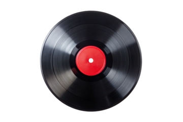 Black Vinyl Record with Red Label isolated on Transparent Background