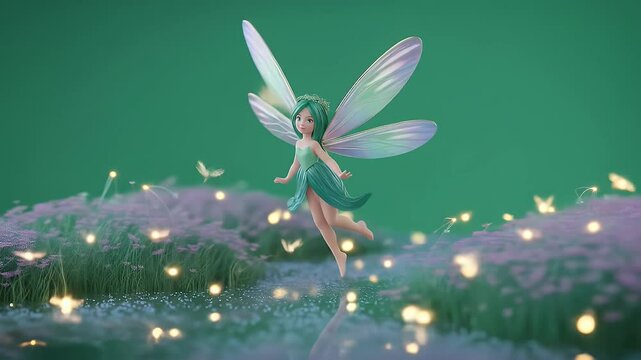Pixelated Fairy Mid Air Over Purple Flowers Isolated by Green Screen for Visual Effects and Game Design
